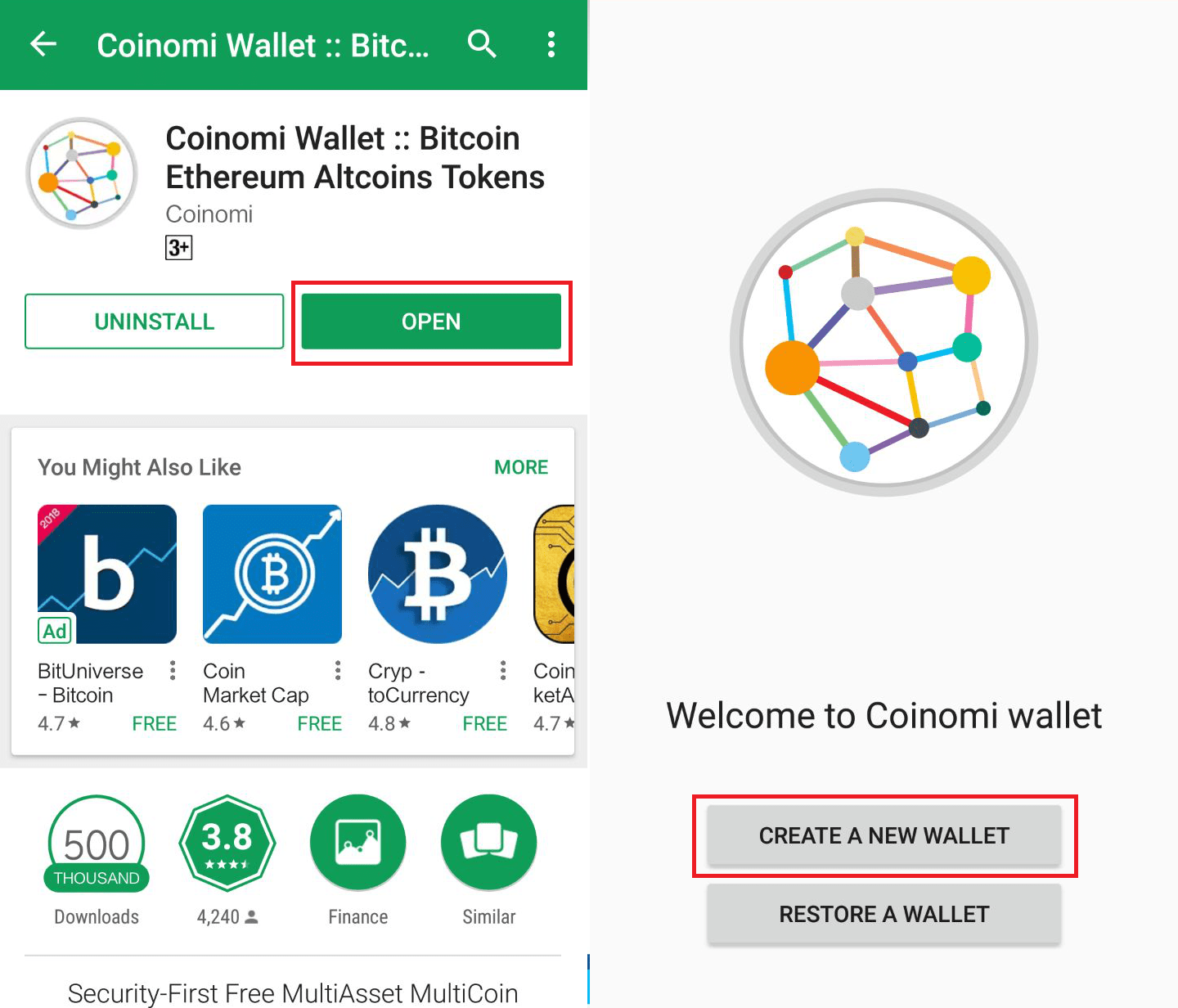 Создать новый биткоин кошелек, в мобильном приложении Coinomi